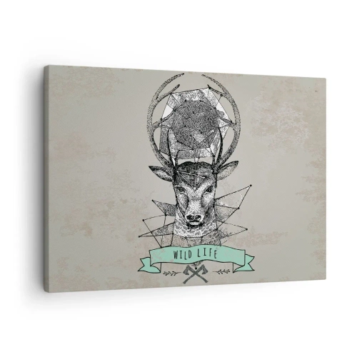 Obraz na płótnie - Geometria jelenia z napisem Wild Life w stylu vintage - 70x50cm - Widzenie św. Hubertusa - Nowoczesna dekoracja ścienna do salonu i sypialni ARTTOR