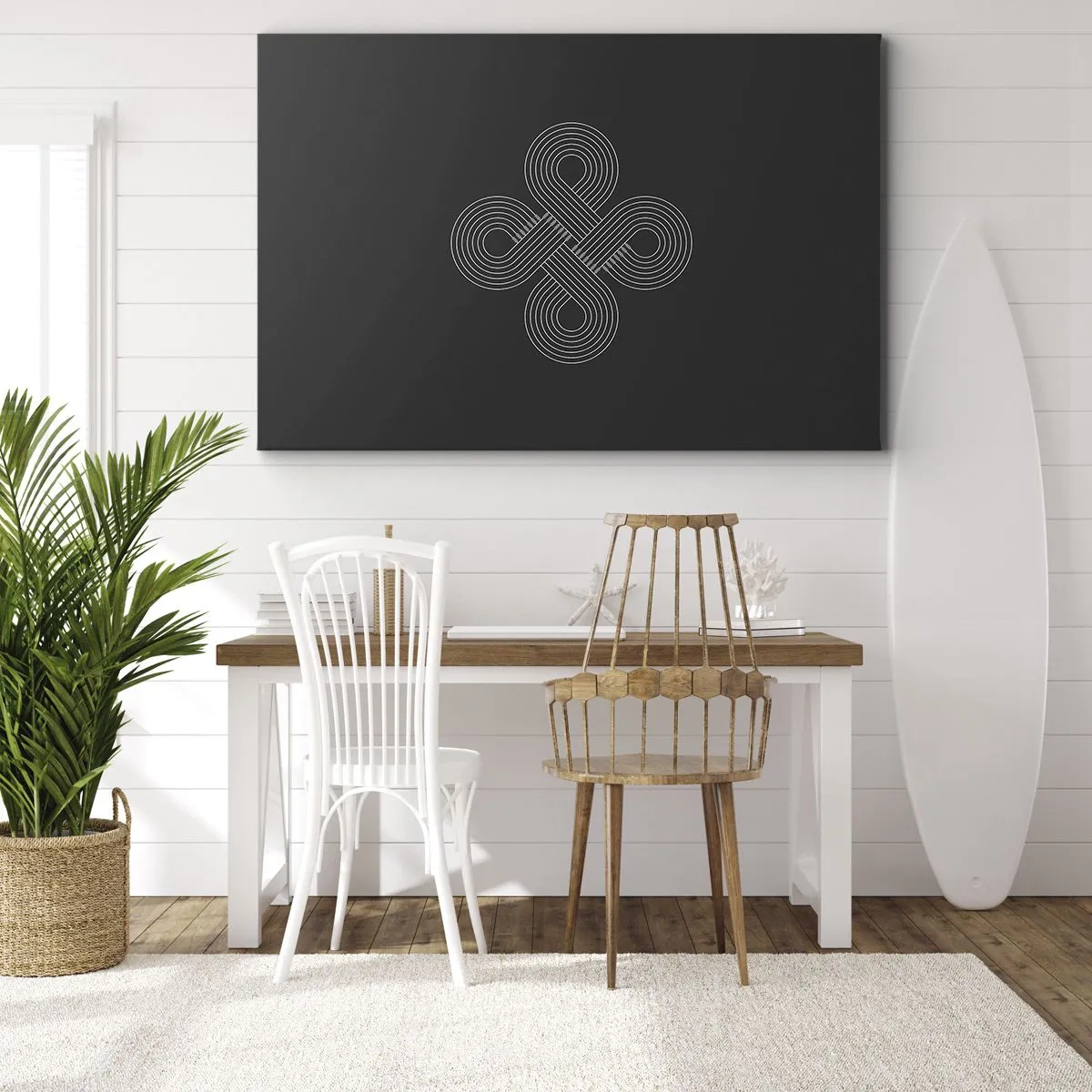 Obraz na płótnie - Celtycki wzór w minimalistycznym stylu na czarnym tle - 70x50cm - W duchu celtyckim - Nowoczesna dekoracja ścienna do salonu i sypialni ARTTOR