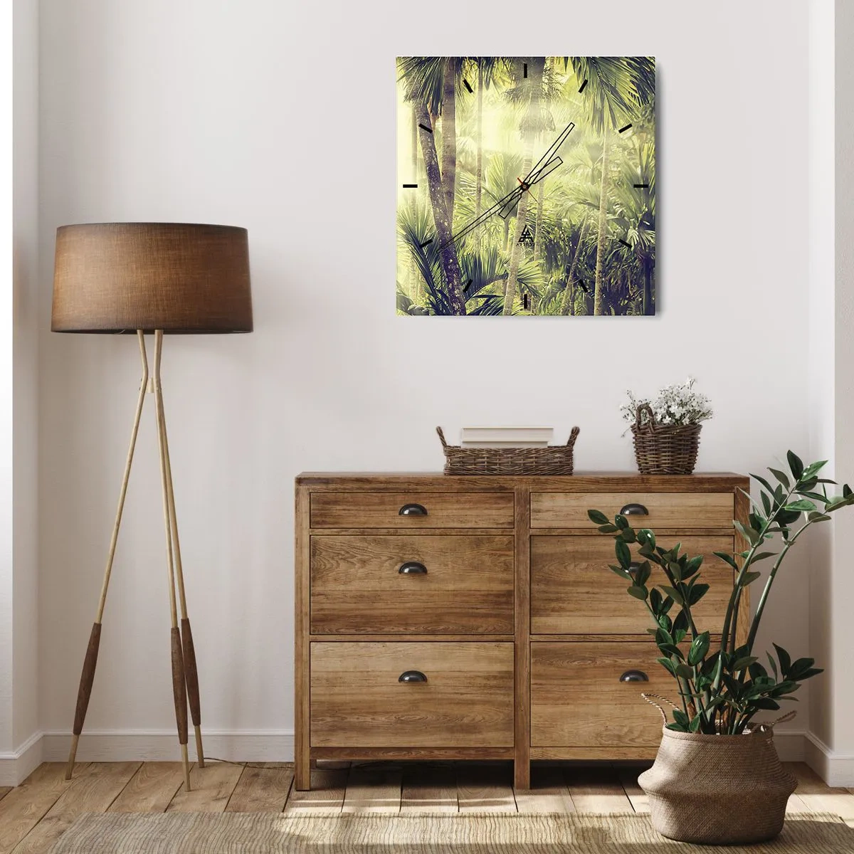 Zegar ścienny - Promienie słońca w tropikalnym lesie palmowym - 30x30cm - W zielonym żarze - Nowoczesna dekoracja ścienna do salonu i sypialni ARTTOR