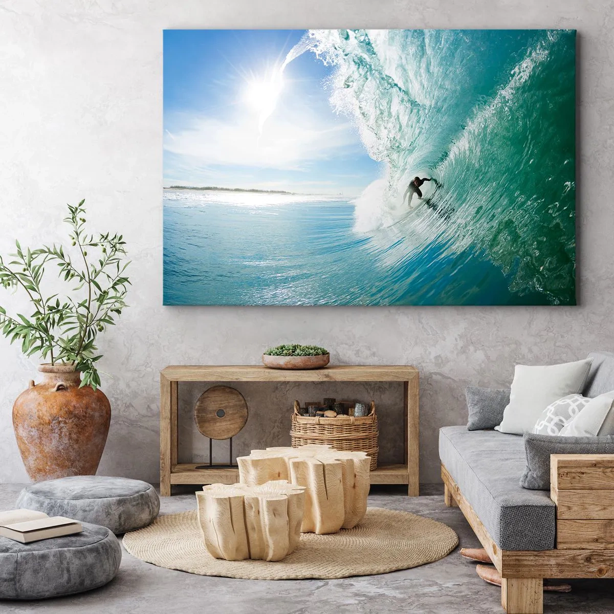 Obraz na płótnie - Surfer na fali w świetle słońca na tle błękitnego nieba - 100x70cm - Zawsze na fali - Nowoczesna dekoracja ścienna do salonu, kuchni i sypialni ARTTOR