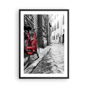 Plakat w czarnej ramie - Czerwony rower na czarno-białej ulicy brukowanej - 50x70cm - Prawdziwe piękno się nie starzeje - Nowoczesna dekoracja ścienna do salonu i sypialni ARTTOR