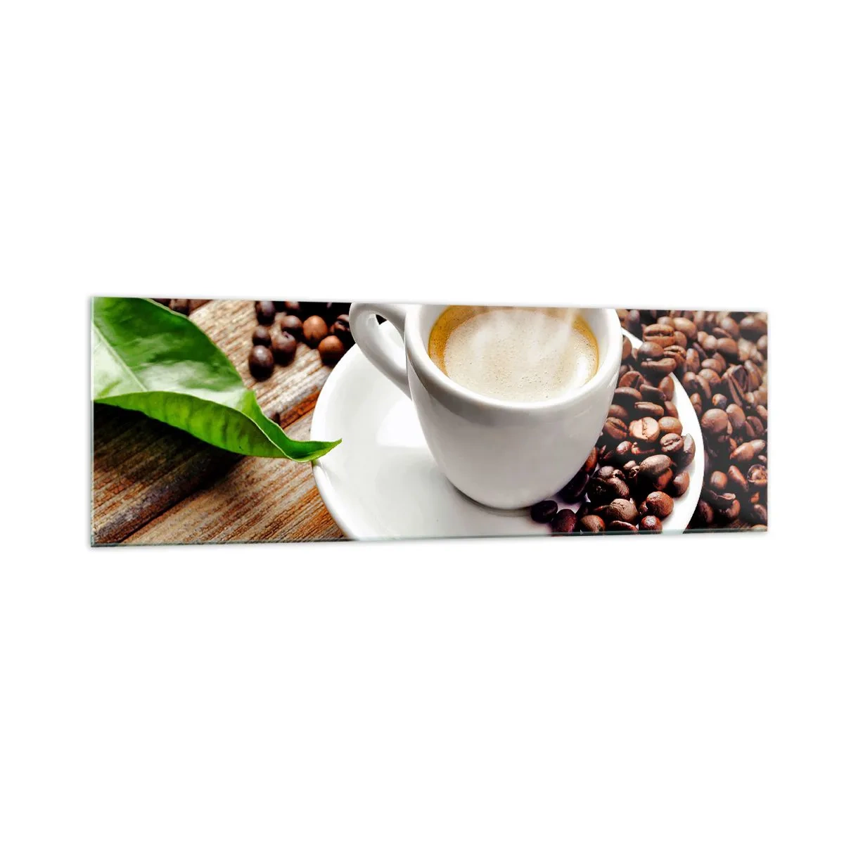 Obraz na szkle - Filiżanka aromatycznej kawy na tle ziaren i liścia - 160x50cm - Kawa na ławie - Nowoczesna dekoracja ścienna do salonu i sypialni ARTTOR