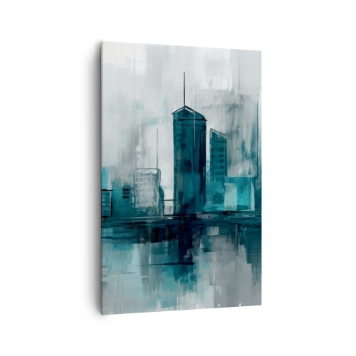 Obraz na płótnie - Nowoczesne miasto w odcieniach turkusu i szarości - 80x120cm - Miasto w kolorze deszczu - Nowoczesna dekoracja ścienna do salonu i sypialni ARTTOR