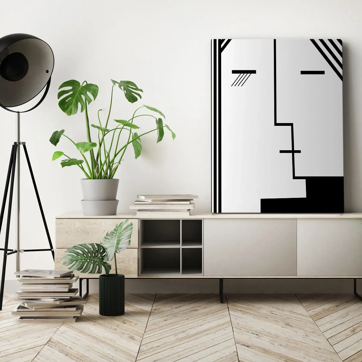 Obraz na płótnie - Minimalistyczna czarno-biała grafika abstrakcyjnej twarzy - 50x70cm - Po prostu pocałunek - Nowoczesna dekoracja ścienna do salonu, kuchni i sypialni ARTTOR