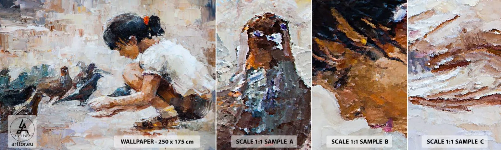 Fototapeta Próbka Samoprzylepna Deluxe Sticker - Maluczcy i najmilsi - Dziewczynka, Gołębie, Dla Dzieci - 100x30 cm