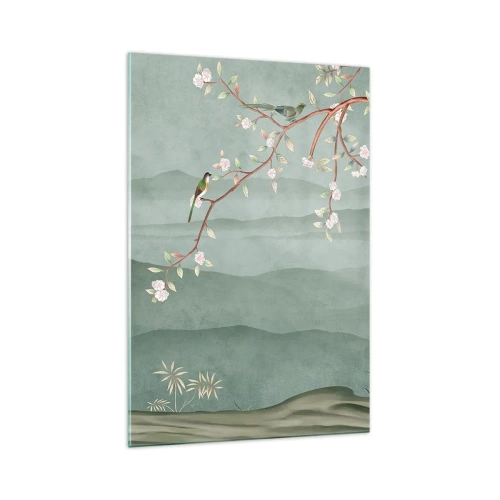 Obraz na szkle - Malowniczy obraz gałęzi kwitnącego drzewa z ptakami na tle zielonych wzgórz - 70x100cm - Wiosna, ach, to ty - Nowoczesna dekoracja ścienna do salonu i sypialni ARTTOR