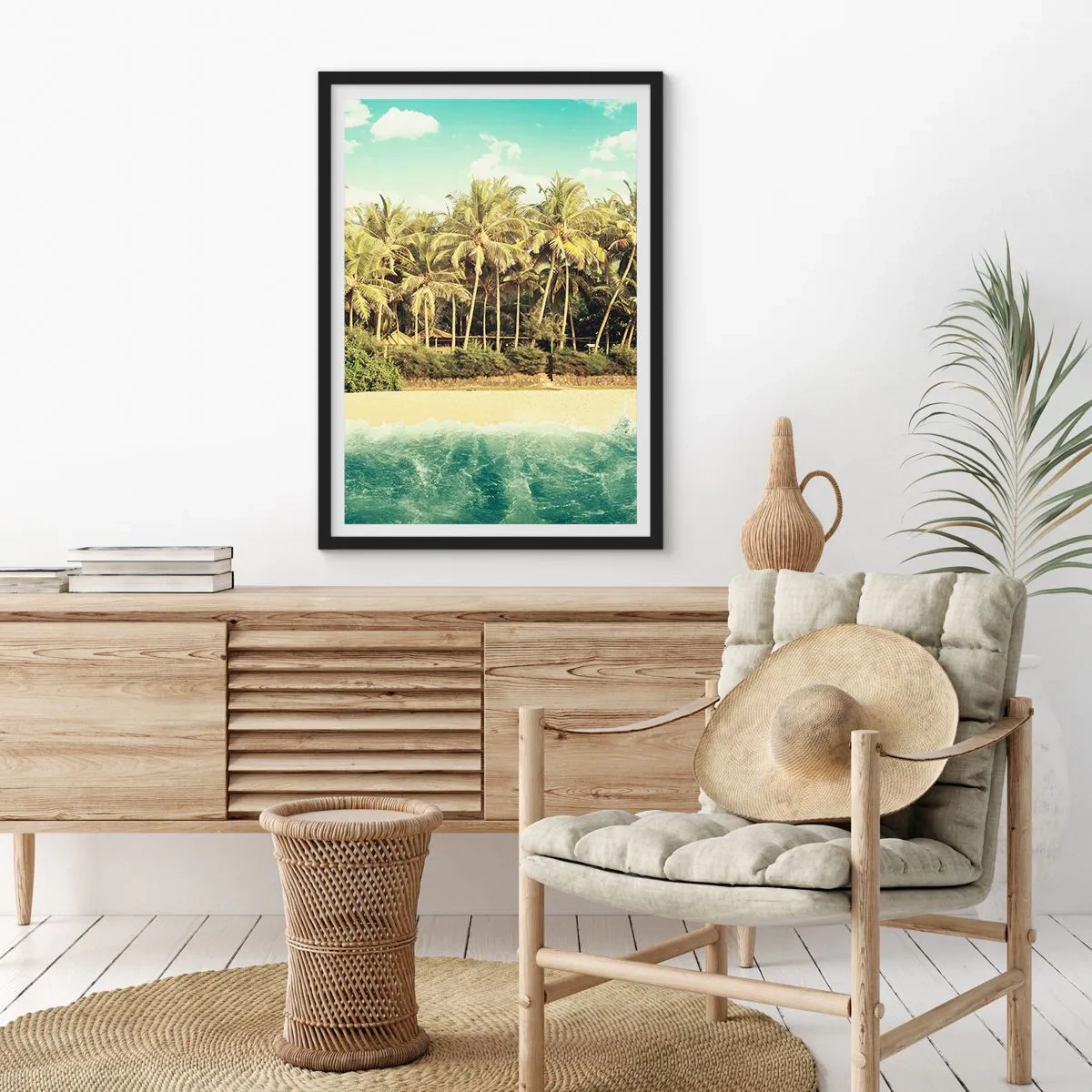 Plakat w czarnej ramie - Tropikalna plaża z palmami i lazurową wodą - 50x70cm - A może tutaj? - Nowoczesna dekoracja ścienna do salonu i sypialni ARTTOR