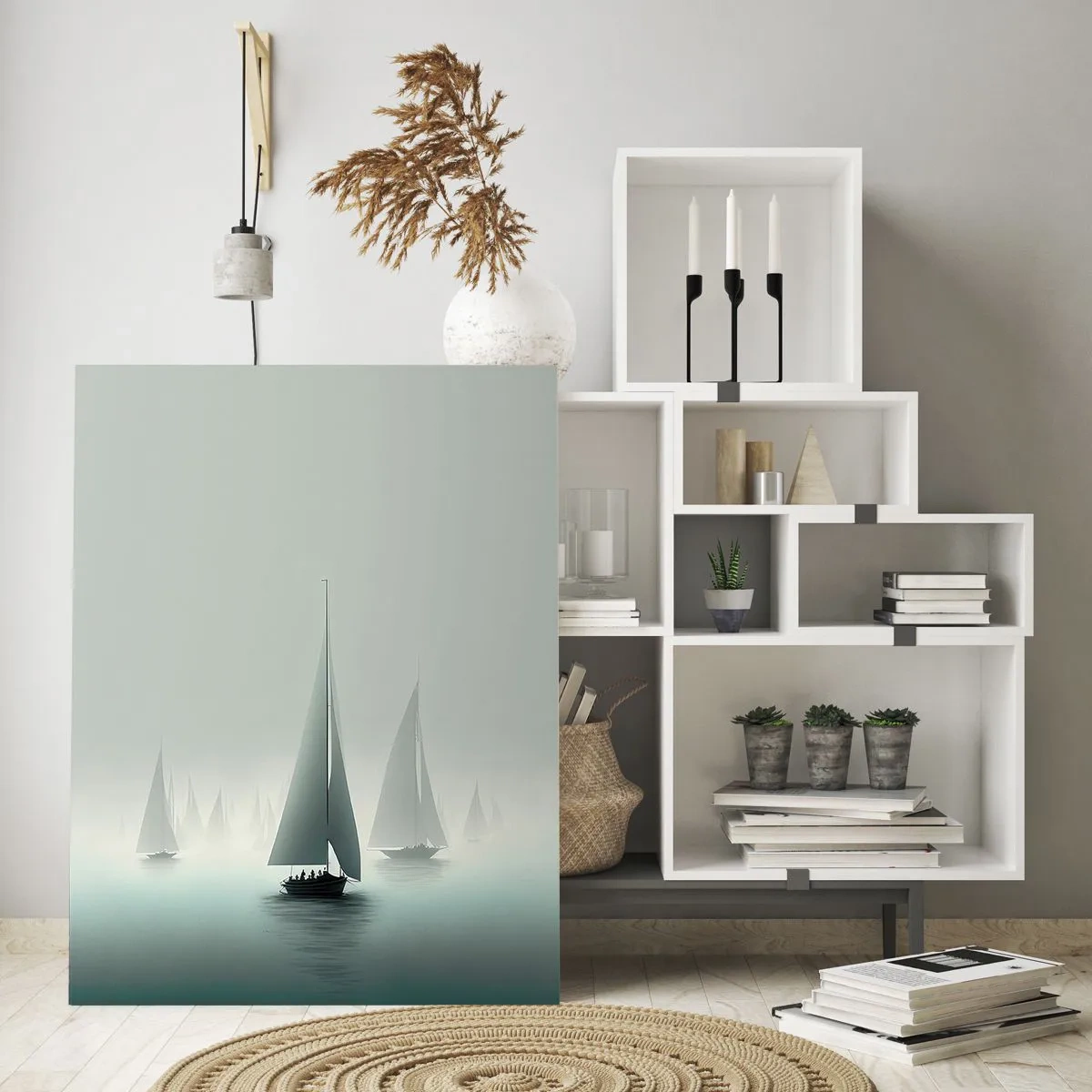 Obraz na szkle - Żaglówki na spokojnym morzu otoczone tajemniczą mgłą - 70x100cm - Zbudowane z mgły - Nowoczesna dekoracja ścienna do salonu i sypialni ARTTOR