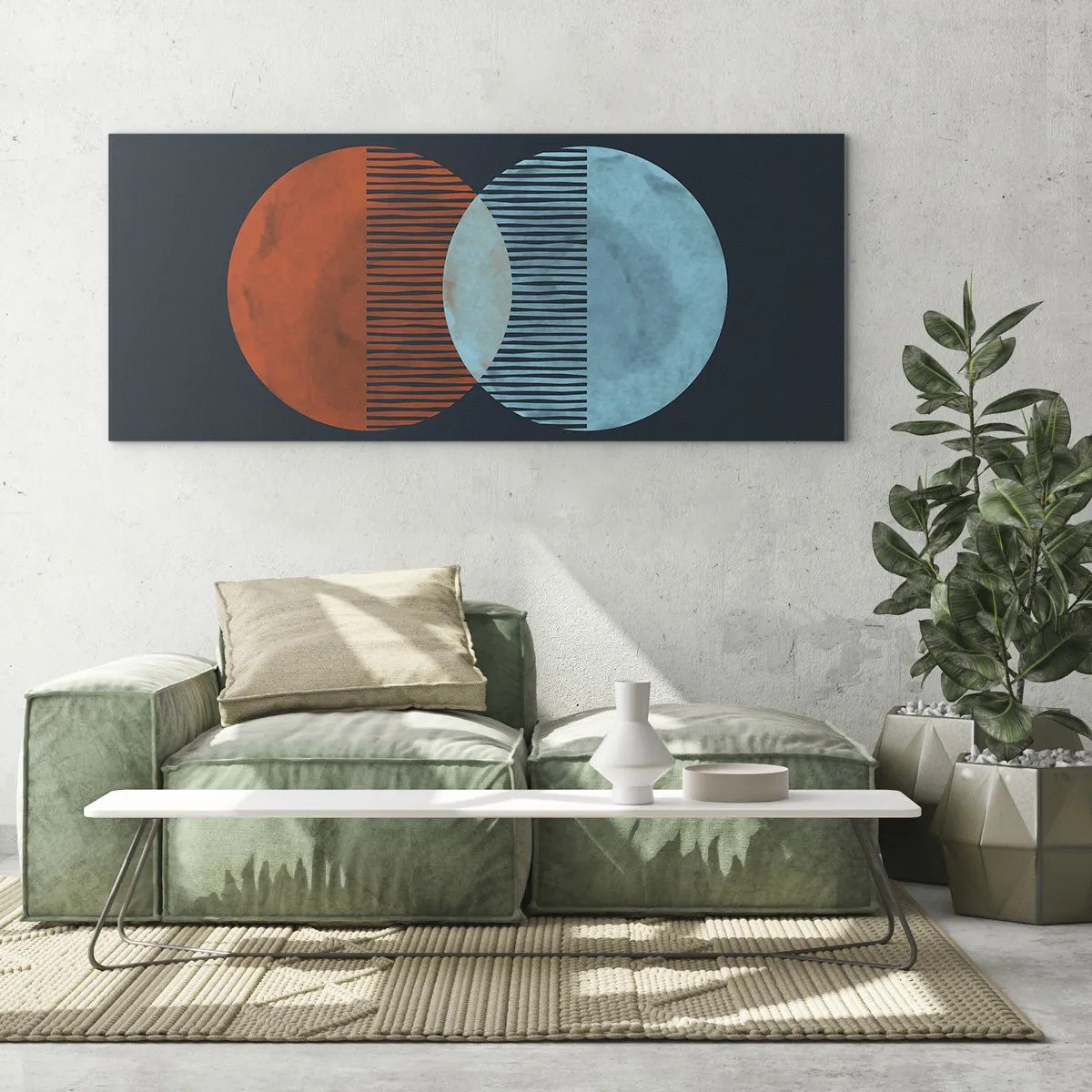 Obraz na szkle - Dwa koła w kolorze pomarańczowym i niebieskim na ciemnym tle - 120x50cm - Astronomiczna fantazja - Nowoczesna dekoracja ścienna do salonu i sypialni ARTTOR