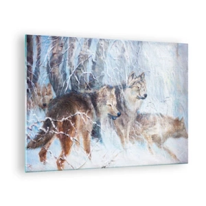 Obraz na szkle - Trzy wilki w zimowym lesie otoczone śniegiem - 70x50cm - Uwaga! Nadchodzi… - Nowoczesna dekoracja ścienna do salonu i sypialni ARTTOR
