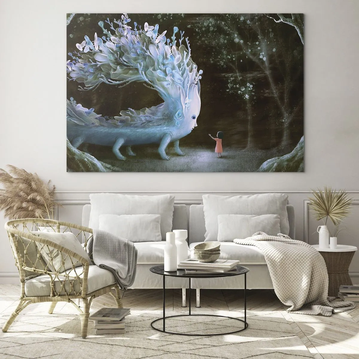Obraz na szkle - Dziewczynka spotykająca magiczne stworzenie w lesie - 70x50cm - Fantastyczne spotkanie - Nowoczesna dekoracja ścienna do salonu i sypialni ARTTOR
