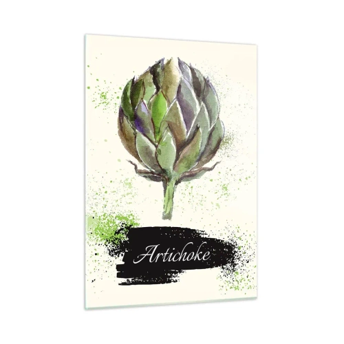 Obraz na szkle - Akwarelowa karczochowa grafika z napisem Artichoke - 50x70cm - Eviva warzywa! - Nowoczesna dekoracja ścienna do salonu, kuchni i sypialni ARTTOR