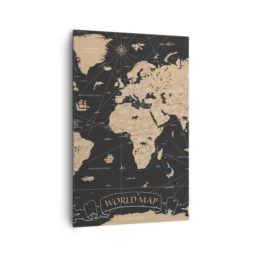Obraz na płótnie - Stylizowana mapa świata na czarnym tle z beżowymi akcentami - 80x120cm - Granice mojego świata - Nowoczesna dekoracja ścienna do salonu i sypialni ARTTOR