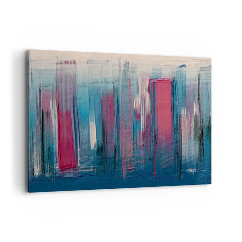 Obraz na płótnie - Abstrakcyjne pionowe formy w odcieniach błękitu i czerwieni - 120x80cm - Kompozycja wertykalna w błękicie i czerwieni - Nowoczesna dekoracja ścienna do salonu, kuchni i sypialni ARTTOR