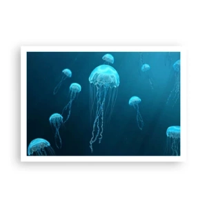 Plakat - Meduzy unoszące się w głębinach oceanu w niebieskiej tonacji - 100x70cm - Oceaniczny taniec - Nowoczesna dekoracja ścienna do salonu i sypialni ARTTOR