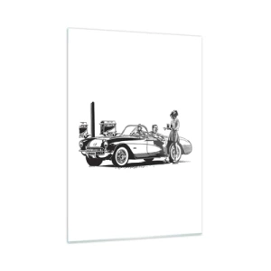 Obraz na szkle - Kreatywna grafika z klasycznym samochodem i postaciami - 50x70cm - 60. - beztroska Ameryka - Nowoczesna dekoracja ścienna do salonu, kuchni i sypialni ARTTOR