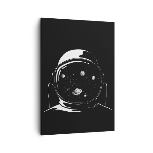 Obraz na płótnie - Czarno-biała ilustracja astronauty z planetami odbijającymi się w hełmie - 50x70cm - Niezły widok - Nowoczesna dekoracja ścienna do salonu, kuchni i sypialni ARTTOR