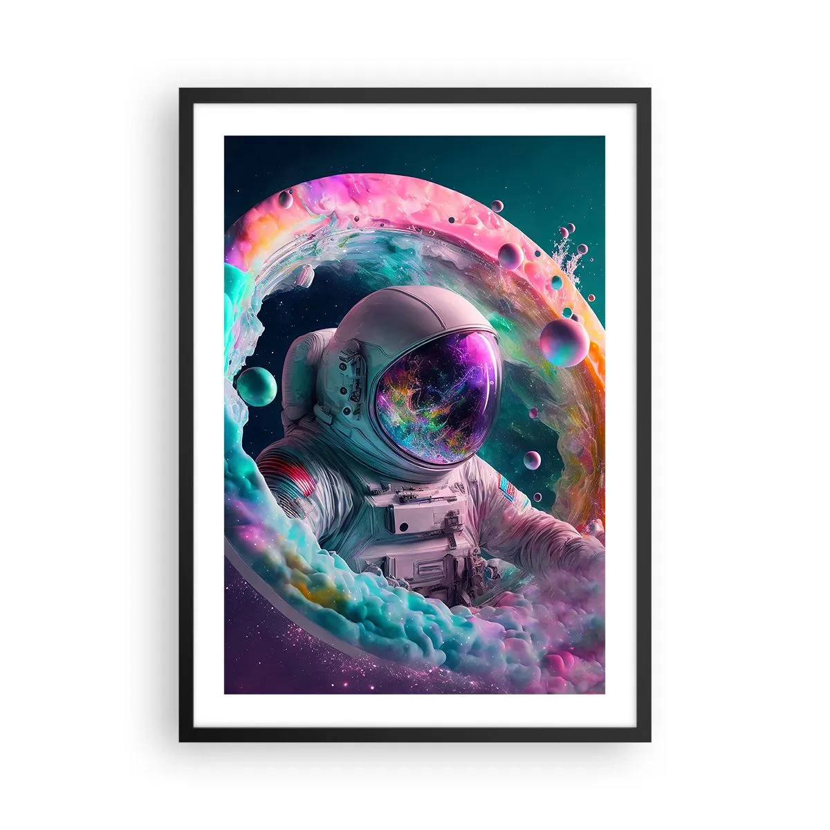 Plakat w czarnej ramie - Astronauta w kosmicznym otoczeniu pełnym kolorowych mgławic - 50x70cm - Gwiezdne wrota - Nowoczesna dekoracja ścienna do salonu i sypialni ARTTOR