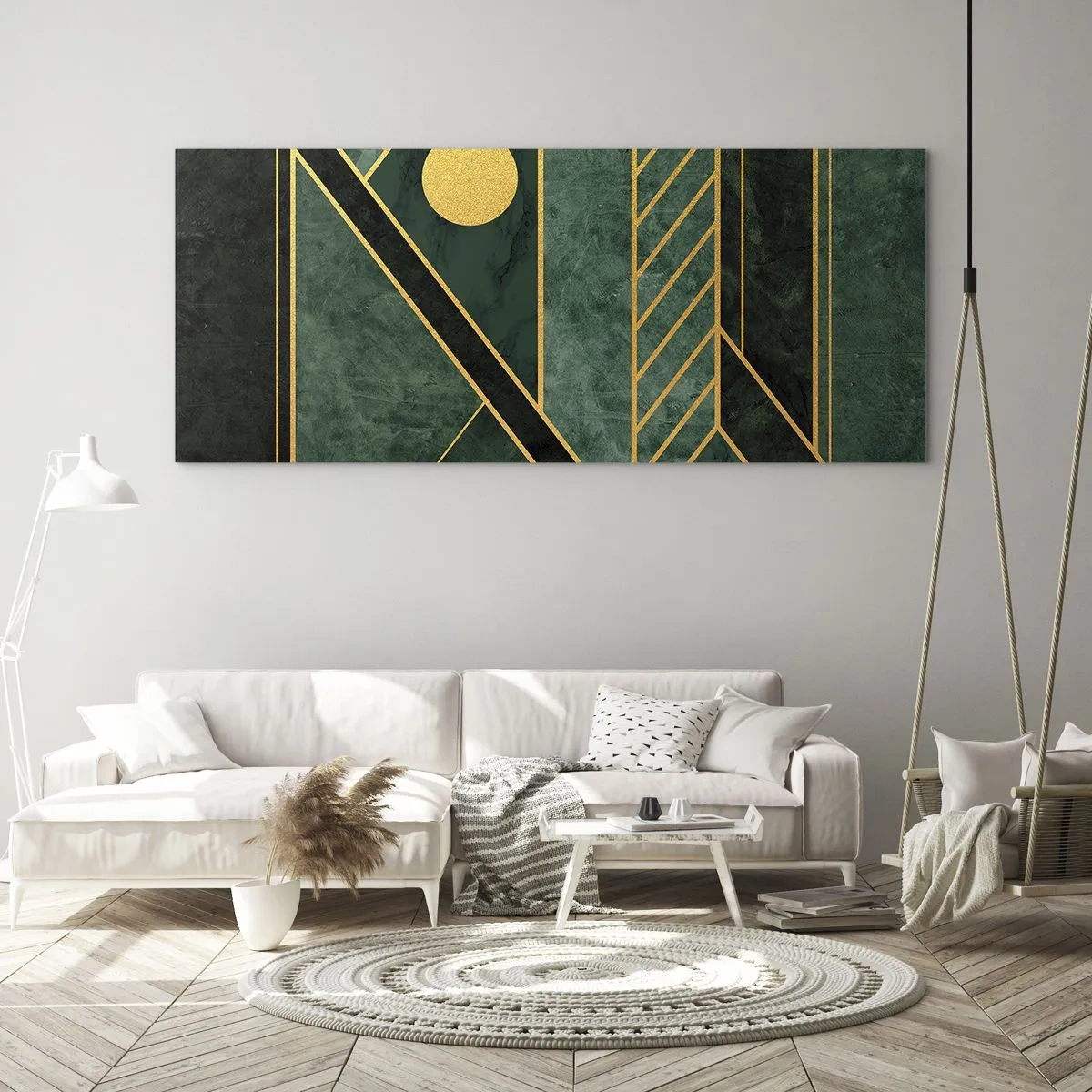 Obraz na szkle - Geometria w zieleni i złocie z eleganckim wzorem - 120x50cm - Dynamika złota i lazuru - Nowoczesna dekoracja ścienna do salonu i sypialni ARTTOR