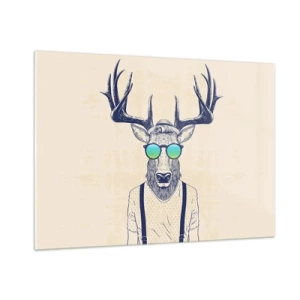 Obraz na szkle - Elegancki jeleń w okularach przeciwsłonecznych na jasnym tle - 100x70cm - A kogo się spodziewałeś? - Nowoczesna dekoracja ścienna do salonu, kuchni i sypialni ARTTOR