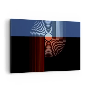 Obraz na płótnie - Geometryczna abstrakcja z liniami w kolorach granatu i pomarańczu - 120x80cm - W geometrycznym uścisku - Nowoczesna dekoracja ścienna do salonu, kuchni i sypialni ARTTOR
