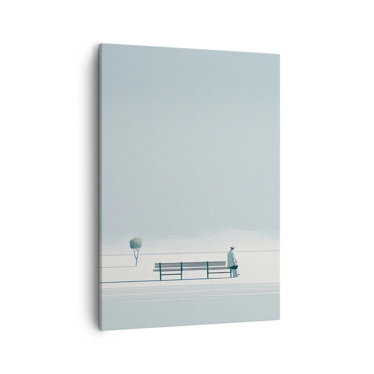 Obraz na płótnie - Minimalistyczna scena z samotną postacią na ławce - 50x70cm - Tak, czekam. - Nowoczesna dekoracja ścienna do salonu, kuchni i sypialni ARTTOR