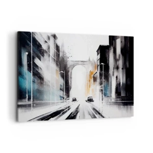 Obraz na płótnie - Abstrakcyjna panorama miasta z łukowym mostem - 120x80cm - Studium miasta: architektura i ruch - Nowoczesna dekoracja ścienna do salonu, kuchni i sypialni ARTTOR