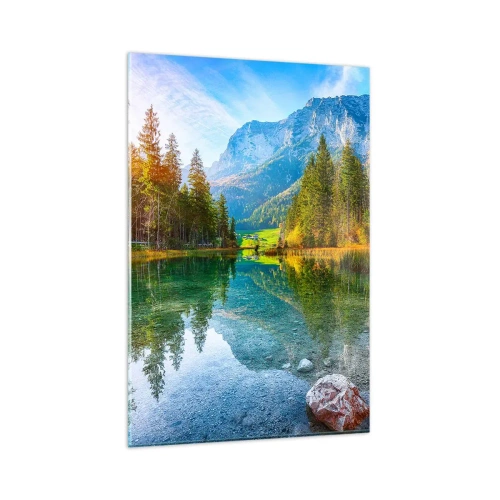 Obraz na szkle - Malownicze jezioro w otoczeniu gór i lasów - 80x120cm - Łagodność jesieni - Nowoczesna dekoracja ścienna do salonu i sypialni ARTTOR