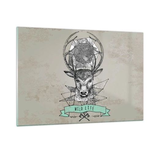Obraz na szkle - Geometriczny rysunek jelenia z napisem Wild Life - 120x80cm - Widzenie św. Hubertusa - Nowoczesna dekoracja ścienna do salonu, kuchni i sypialni ARTTOR