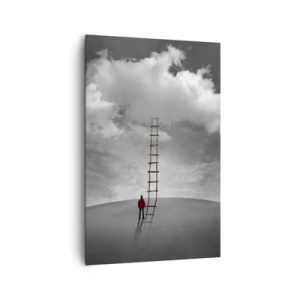 Obraz na płótnie - Osoba w czerwonym płaszczu i drabina prowadząca do chmury - 80x120cm - Wszystko możliwe - Nowoczesna dekoracja ścienna do salonu i sypialni ARTTOR