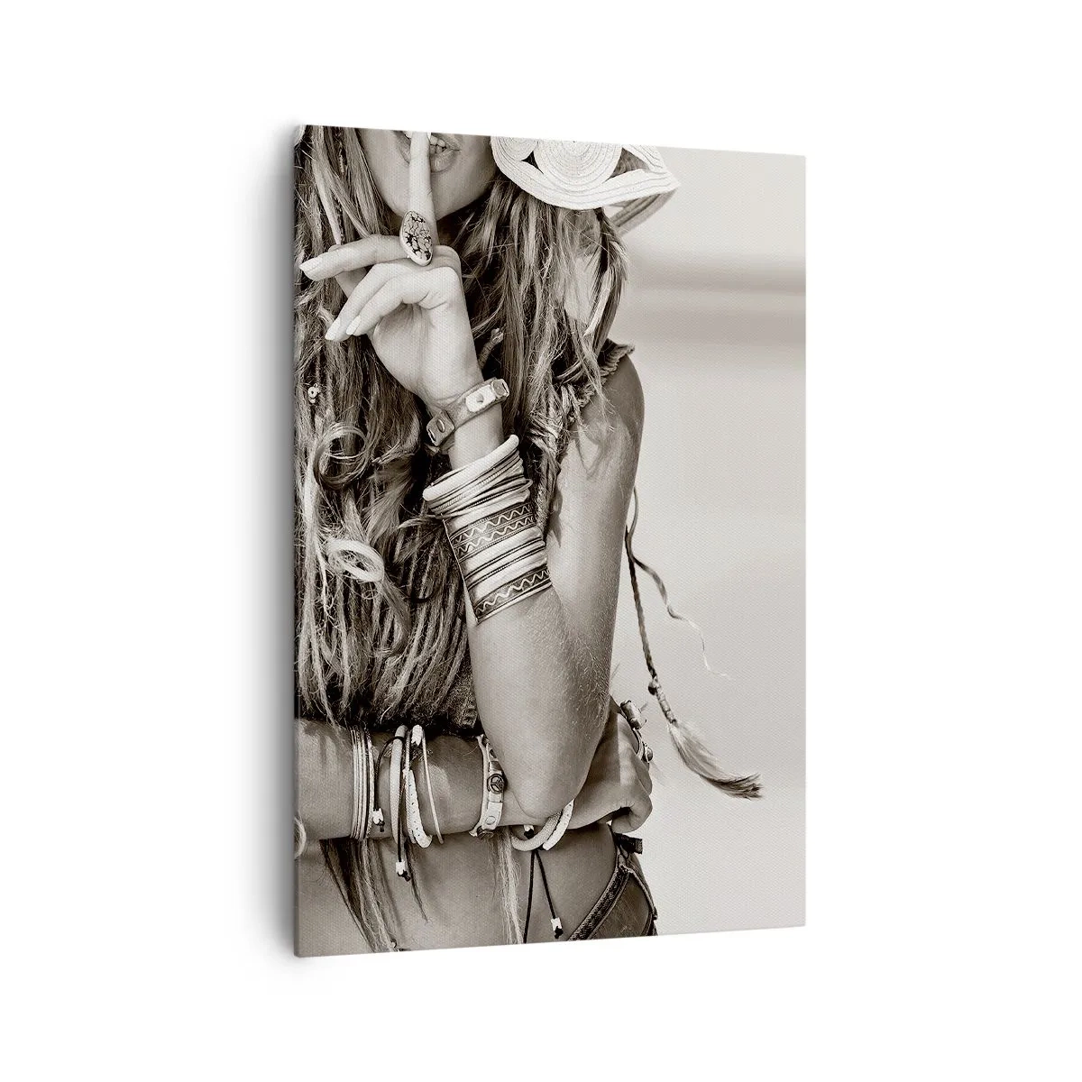 Obraz na płótnie - Portret kobiety w stylu boho z biżuterią - 70x100cm - Jak to dziewczyna - Nowoczesna dekoracja ścienna do salonu i sypialni ARTTOR