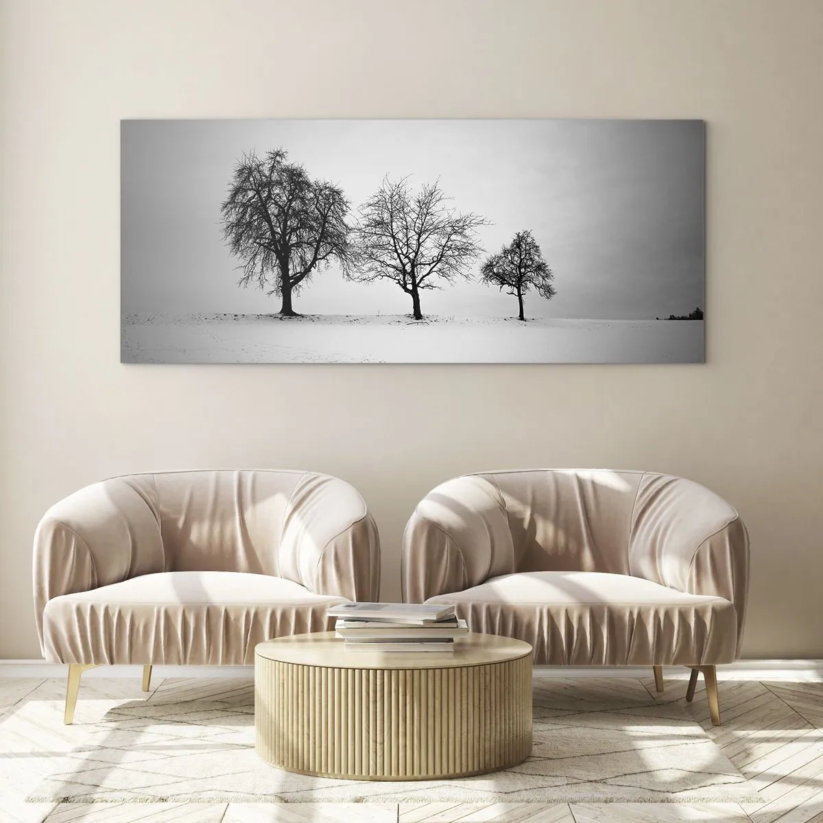 Obraz na szkle - Trzy drzewa na zaśnieżonym polu w monochromatycznym stylu - 120x50cm - O czym śnią? - Nowoczesna dekoracja ścienna do salonu i sypialni ARTTOR