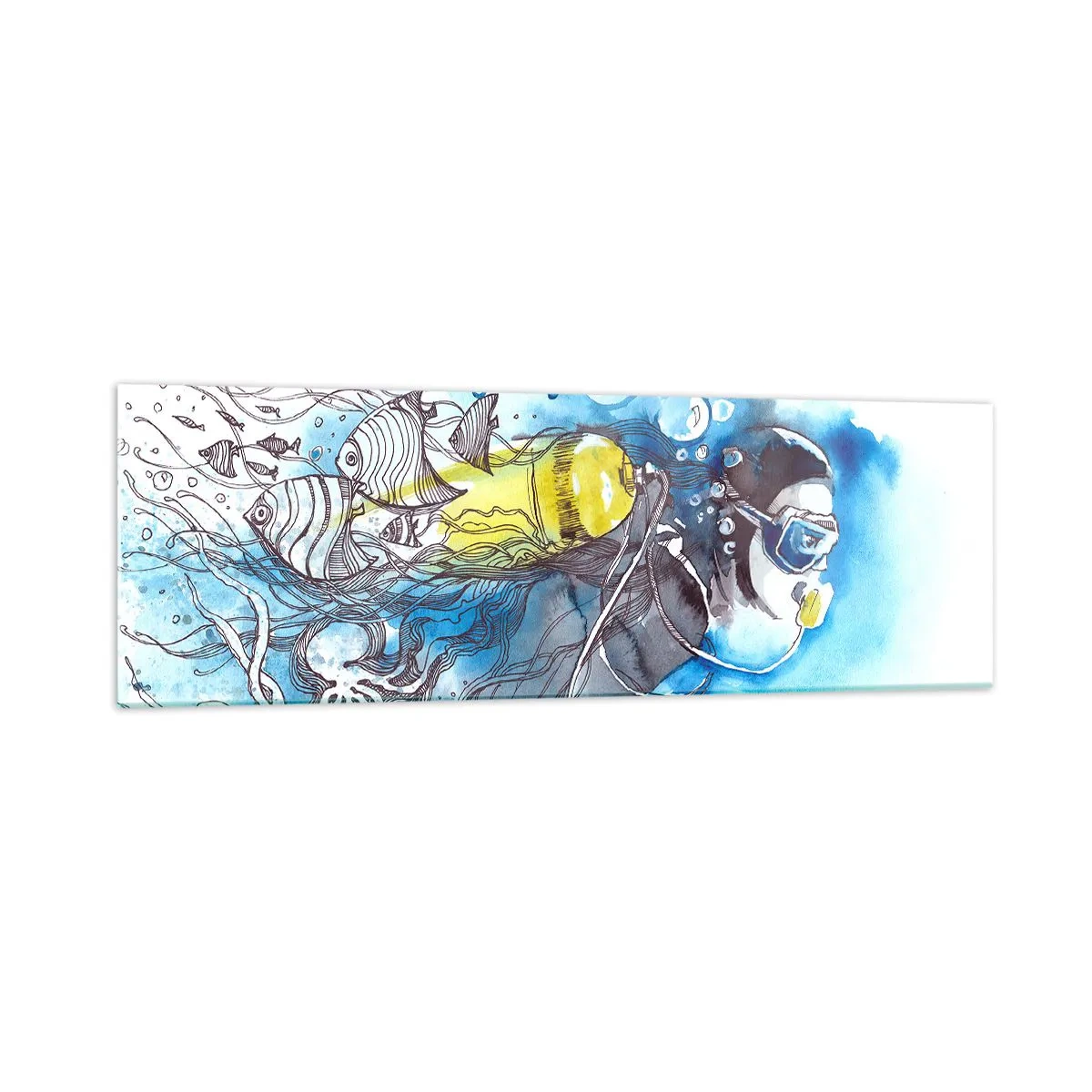 Obraz na szkle - Podwodna scena z nurkiem i egzotycznymi rybami - 160x50cm - Wielki błękit - Nowoczesna dekoracja ścienna do salonu i sypialni ARTTOR