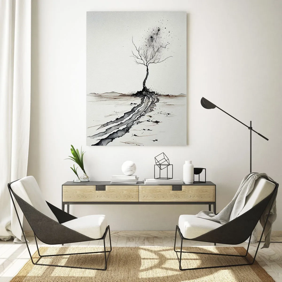 Obraz na szkle - Czarno-biały obraz samotnego drzewa z popękaną ziemią - 80x120cm - Zimowa melancholia - Nowoczesna dekoracja ścienna do salonu i sypialni ARTTOR