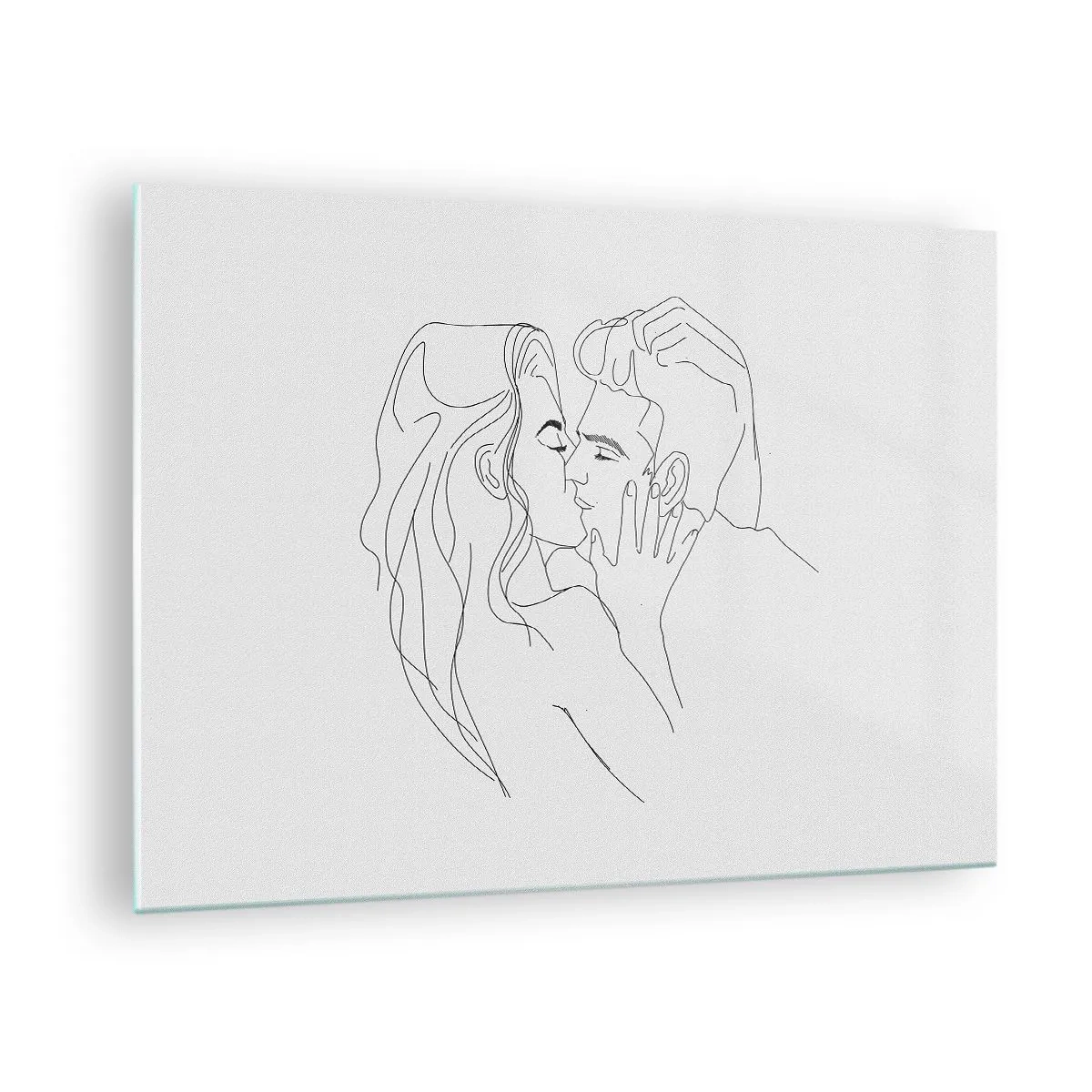 Obraz na szkle - Minimalistyczny rysunek pary w romantycznym pocałunku - 70x50cm - Tą samą kreską - Nowoczesna dekoracja ścienna do salonu i sypialni ARTTOR