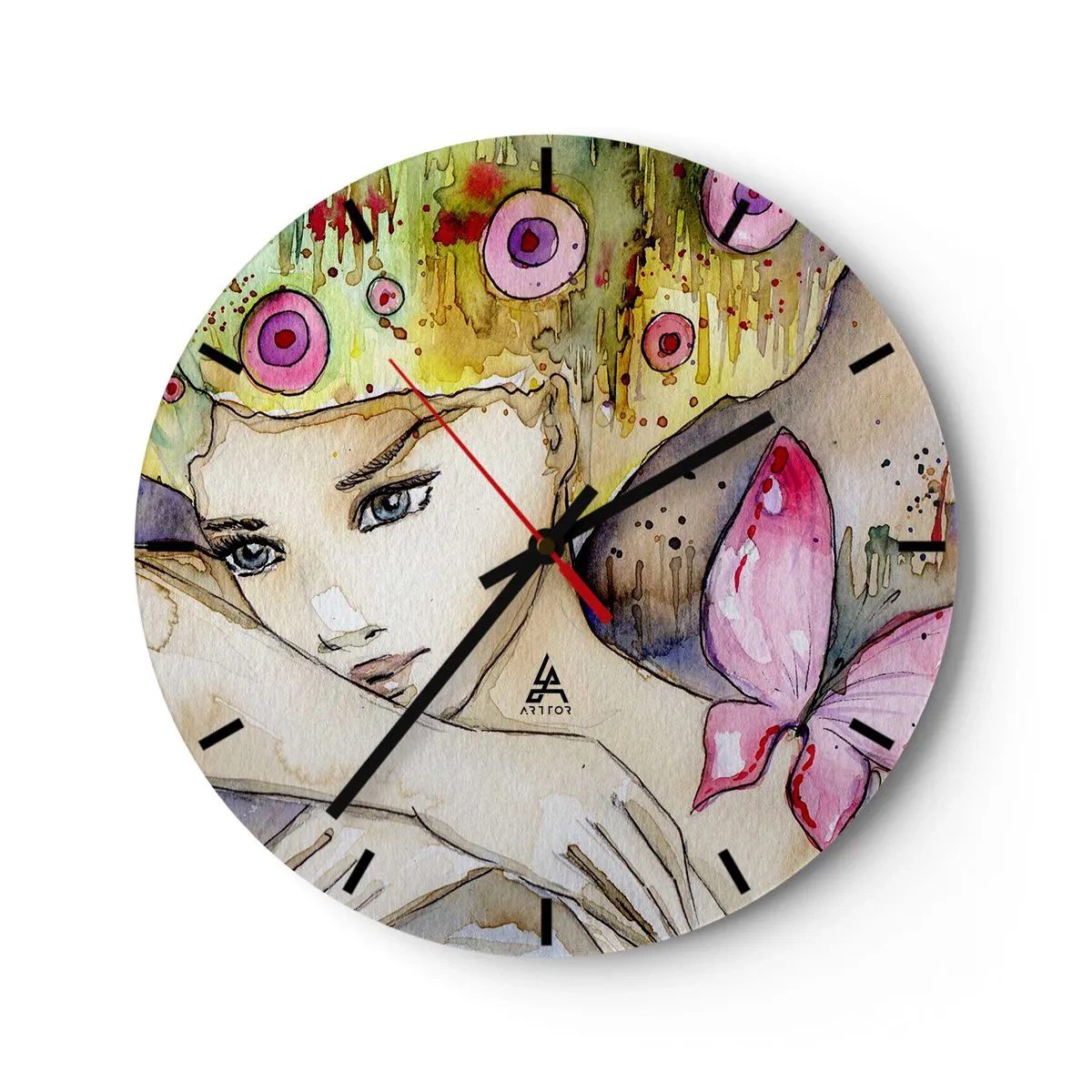 Zegar ścienny - Akwarelowy obraz kobiety z motywem motyla i kolorowymi detalami - 30x30cm - Motyla księżniczka - Nowoczesna dekoracja ścienna do salonu, kuchni i sypialni ARTTOR