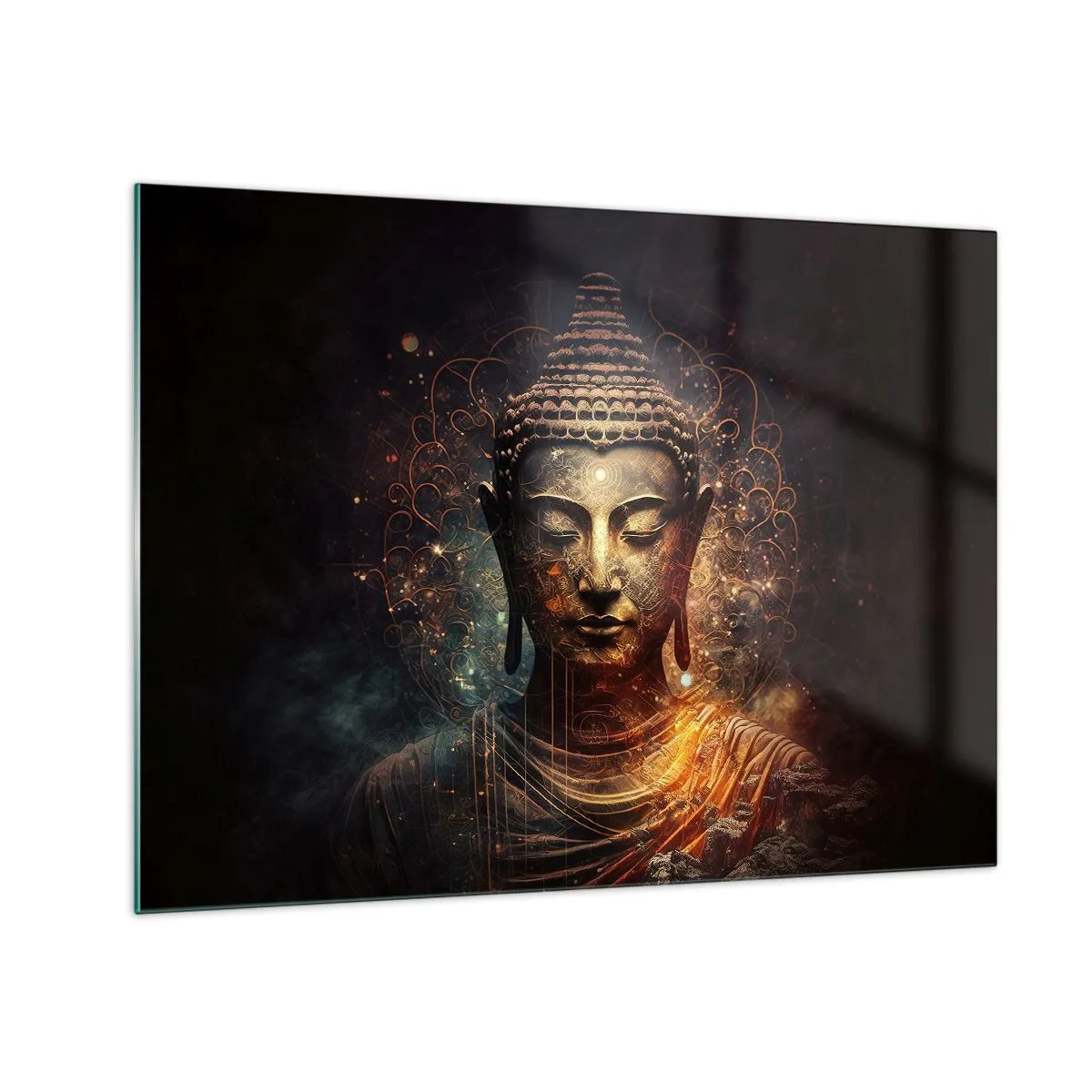 Obraz na szkle - Złota postać Buddy na ciemnym tle z ornamentami - 70x50cm - Duchowa równowaga - Nowoczesna dekoracja ścienna do salonu i sypialni ARTTOR