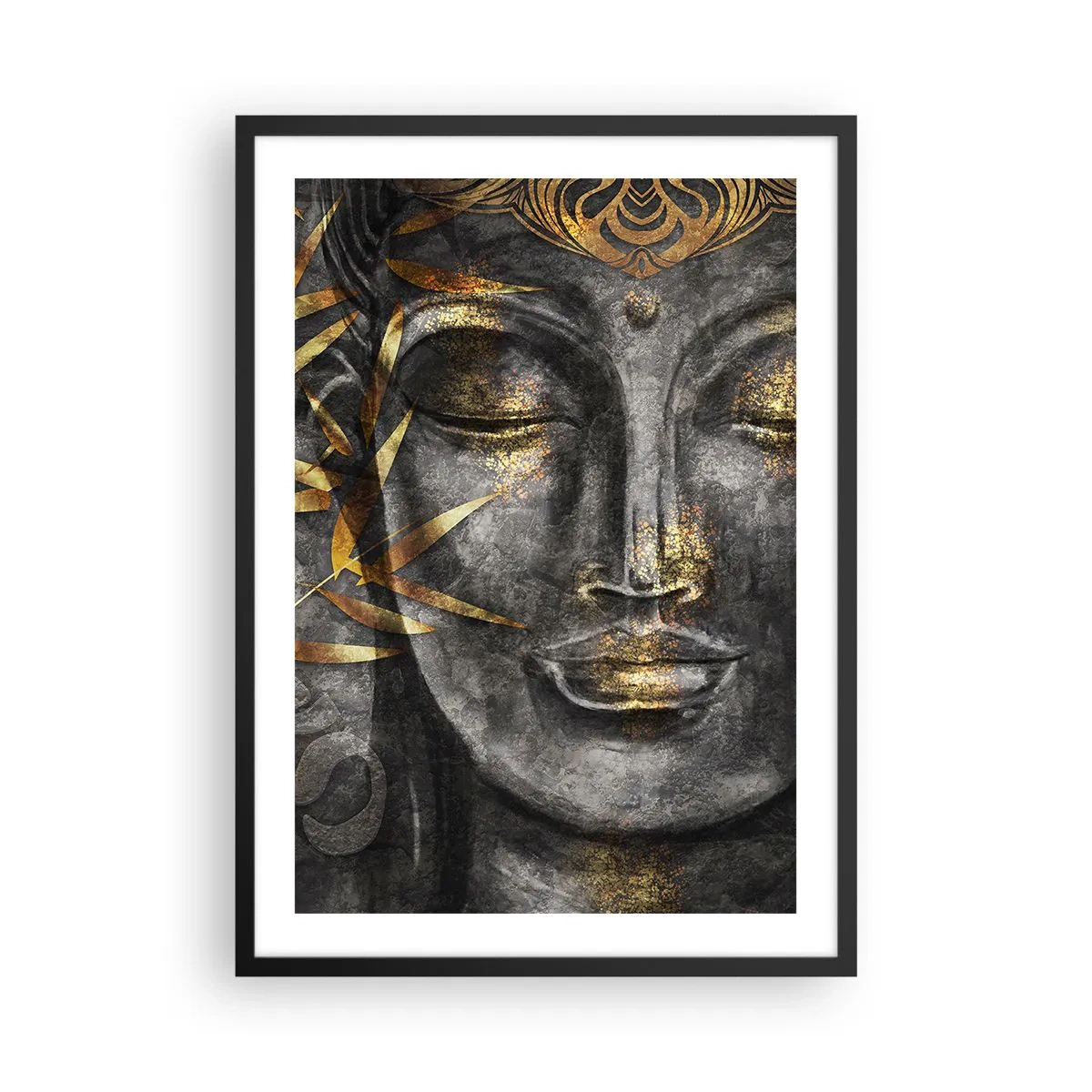 Plakat w czarnej ramie - Portret Buddy z elementami złotego blasku i liści bambusa - 50x70cm - Poczuj spokój - Nowoczesna dekoracja ścienna do salonu i sypialni ARTTOR