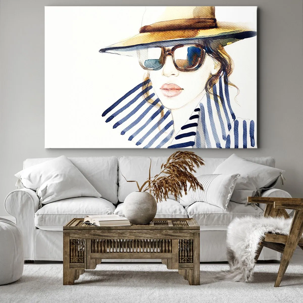 Obraz na płótnie - Portret kobiety w kapeluszu i okularach przeciwsłonecznych - 70x50cm - Floryda wita! - Nowoczesna dekoracja ścienna do salonu i sypialni ARTTOR