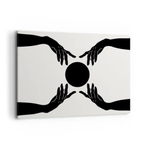 Obraz na płótnie - Czarne dłonie w symetrycznej kompozycji z kulą - 100x70cm - Tajemny znak - Nowoczesna dekoracja ścienna do salonu, kuchni i sypialni ARTTOR