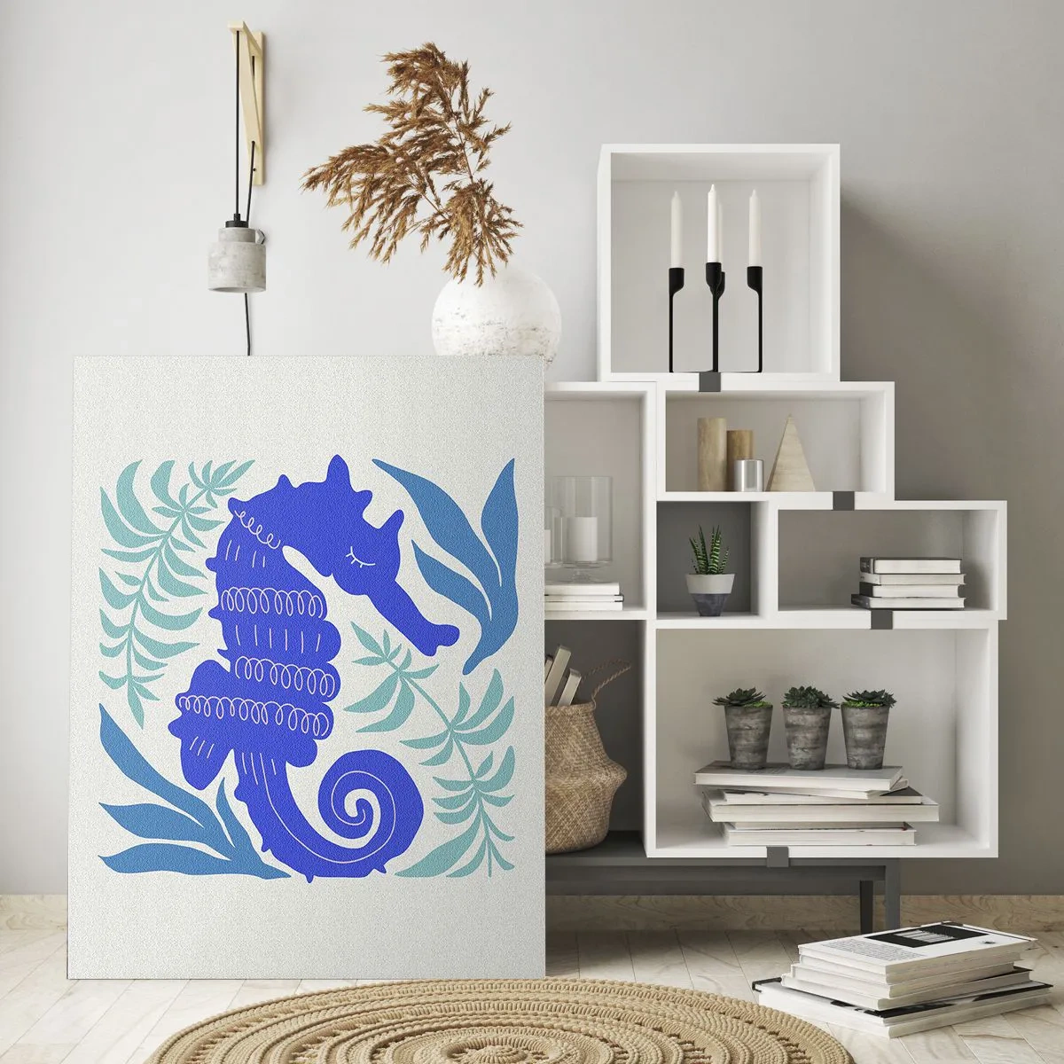 Obraz na szkle - Stylizowany konik morski otoczony delikatnymi roślinnymi wzorami - 80x120cm - Na podwodnej łące - Nowoczesna dekoracja ścienna do salonu i sypialni ARTTOR