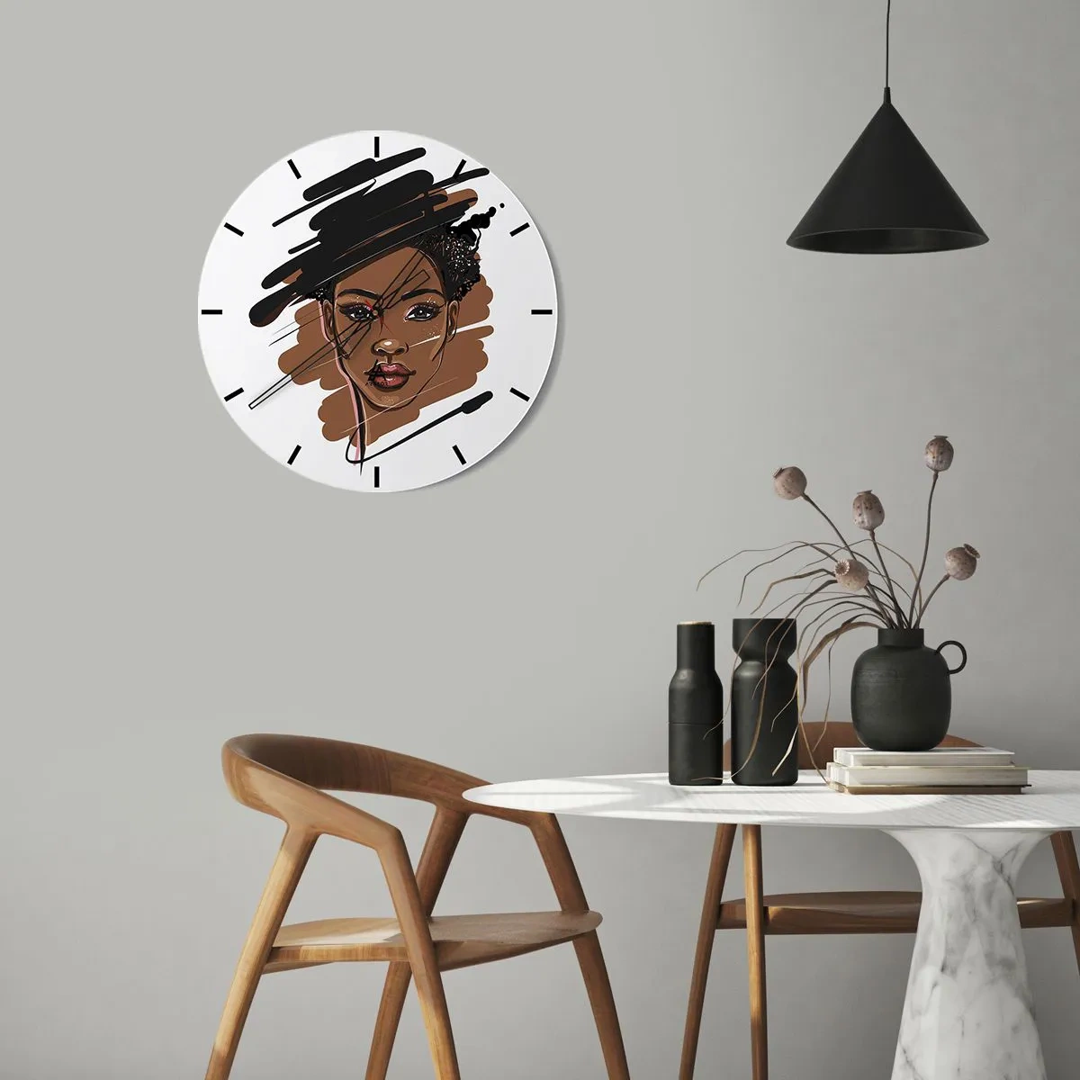 Zegar ścienny - Ilustracja kobiecej twarzy w stylu szkicu na białym tle - 30x30cm - Słodka jak czekolada - Nowoczesna dekoracja ścienna do salonu, kuchni i sypialni ARTTOR