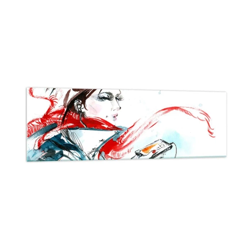 Obraz na szkle - Kobieta w czerwonym szaliku z dynamicznymi pociągnięciami akwareli - 160x50cm - Coś we mnie gra - Nowoczesna dekoracja ścienna do salonu i sypialni ARTTOR