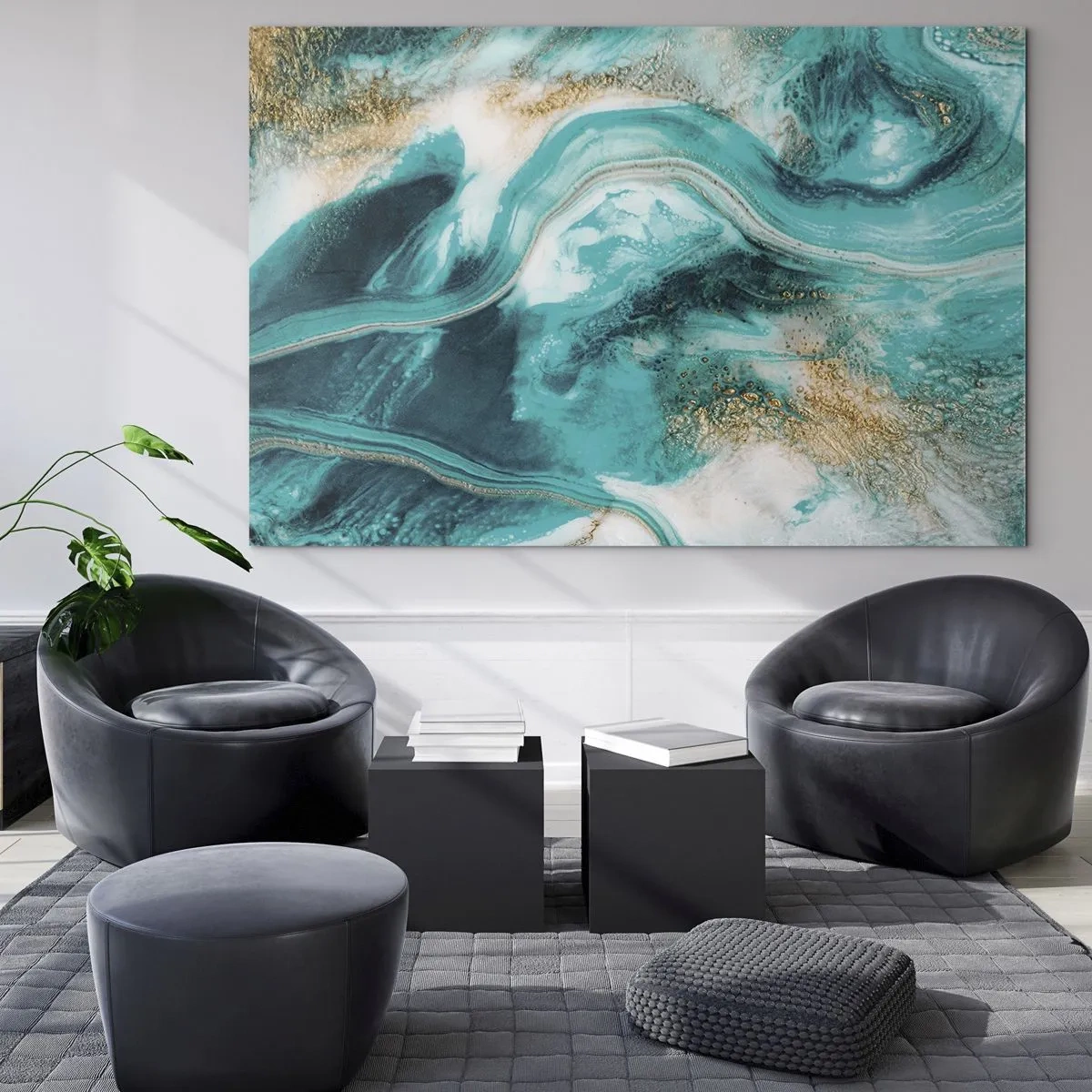 Obraz na szkle - Abstrakcyjna kompozycja w turkusie z akcentami złota - 70x50cm - Rzeka złota - Nowoczesna dekoracja ścienna do salonu i sypialni ARTTOR