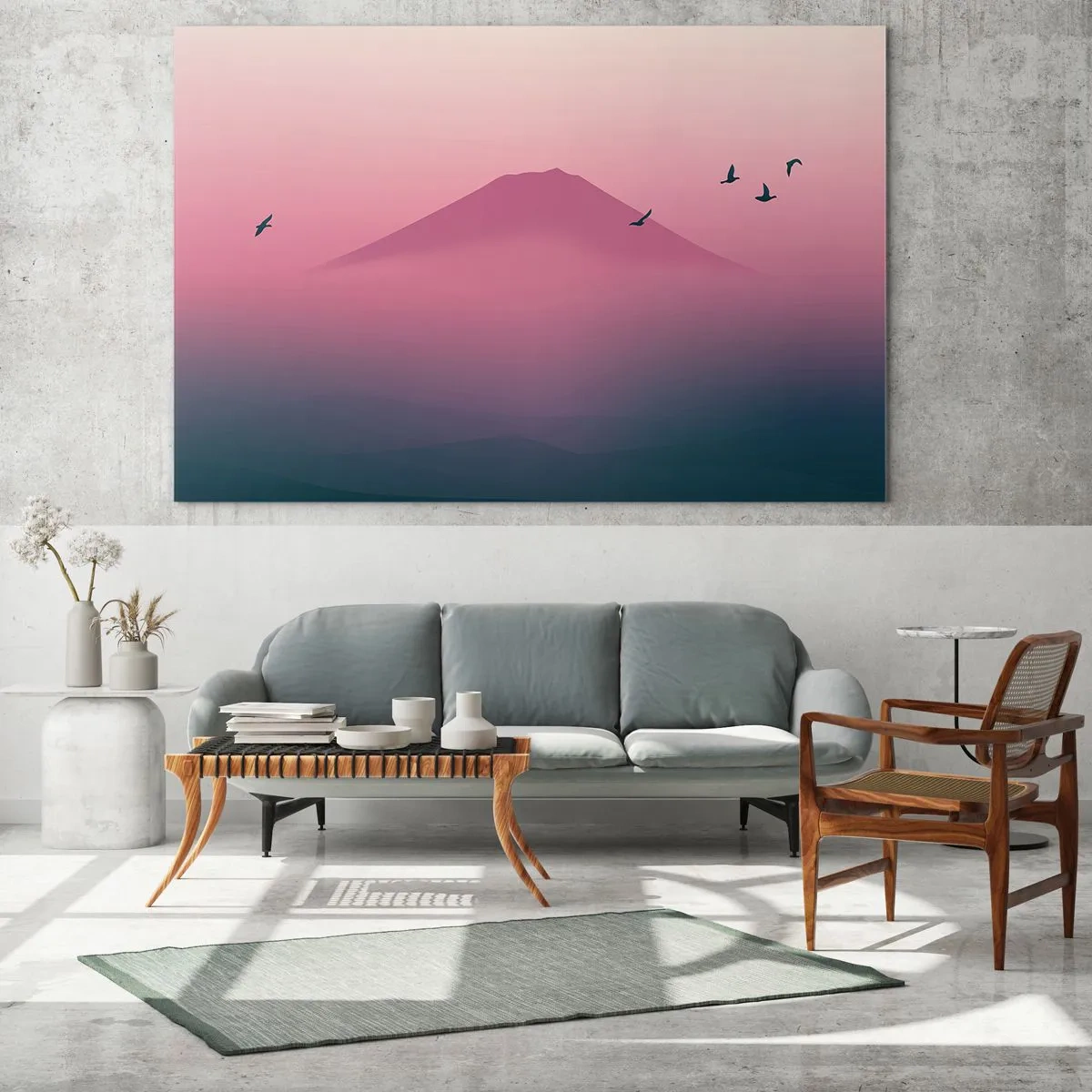 Obraz na szkle - Minimalistyczny pejzaż z górą i ptakami w pastelowych barwach - 120x80cm - Wędrowcy ponad chmurami - Nowoczesna dekoracja ścienna do salonu, kuchni i sypialni ARTTOR