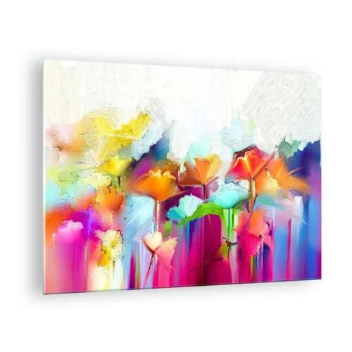 Obraz na szkle - Abstrakcyjne kwiaty w intensywnych, tęczowych barwach - 70x50cm - Tęcza zakwitła - Nowoczesna dekoracja ścienna do salonu i sypialni ARTTOR