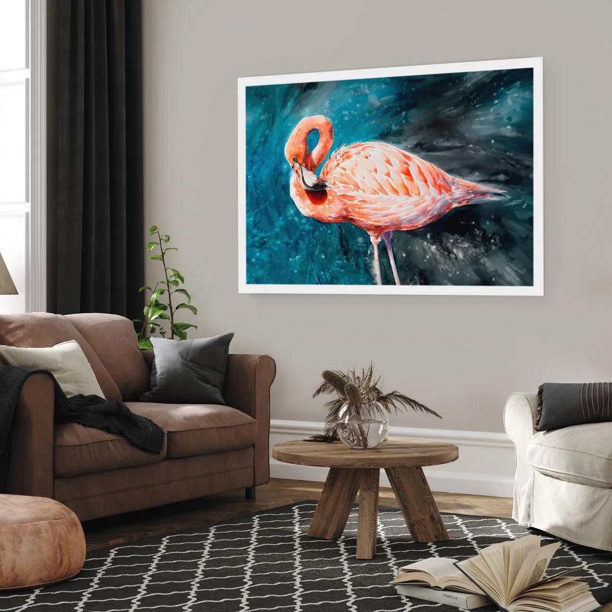 Plakat - Różowy flaming na tle akwarelowego błękitu - 100x70cm - Dekoracyjny z natury - Nowoczesna dekoracja ścienna do salonu i sypialni ARTTOR