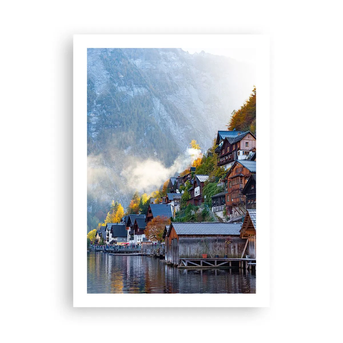 Plakat - Górskie miasteczko nad jeziorem otoczone jesienną aurą - 50x70cm - Alpejskie klimaty - Nowoczesna dekoracja ścienna do salonu, kuchni i sypialni ARTTOR