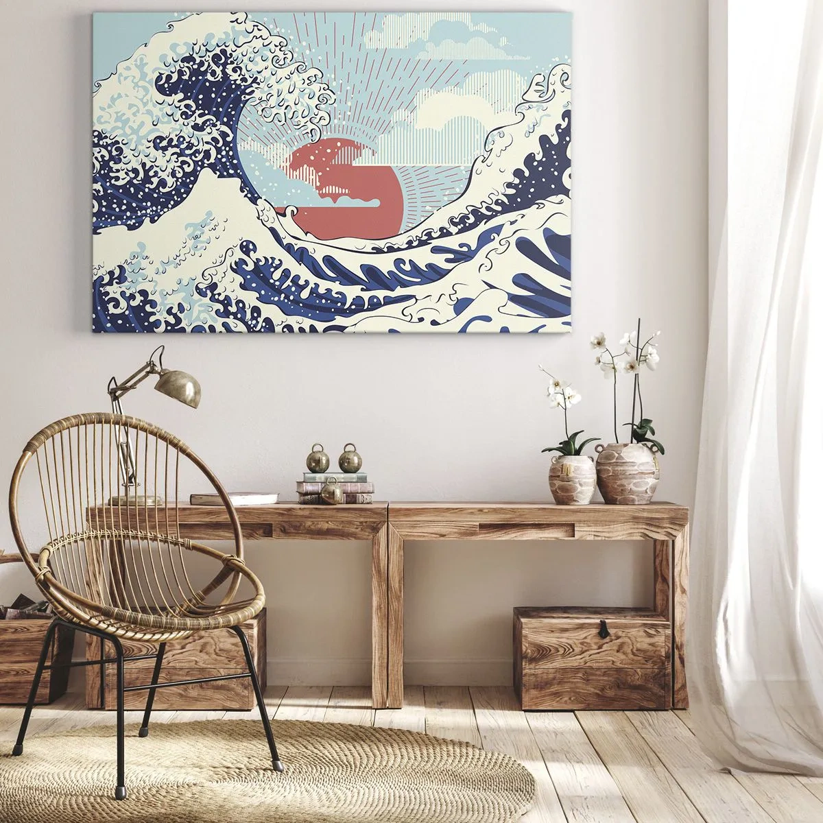 Obraz na płótnie - Fale oceanu i zachodzące słońce w stylu japońskim - 120x80cm - Z japońskich inspiracji - Nowoczesna dekoracja ścienna do salonu, kuchni i sypialni ARTTOR