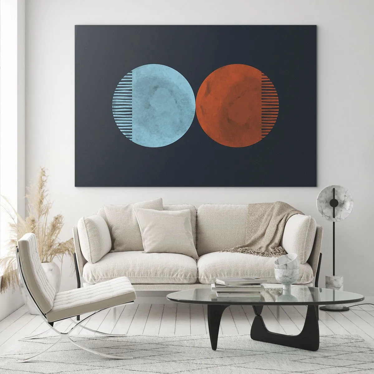 Obraz na szkle - Abstrakcyjne koła w kolorach niebieskim i pomarańczowym - 100x70cm - Tylko geometria? - Nowoczesna dekoracja ścienna do salonu, kuchni i sypialni ARTTOR
